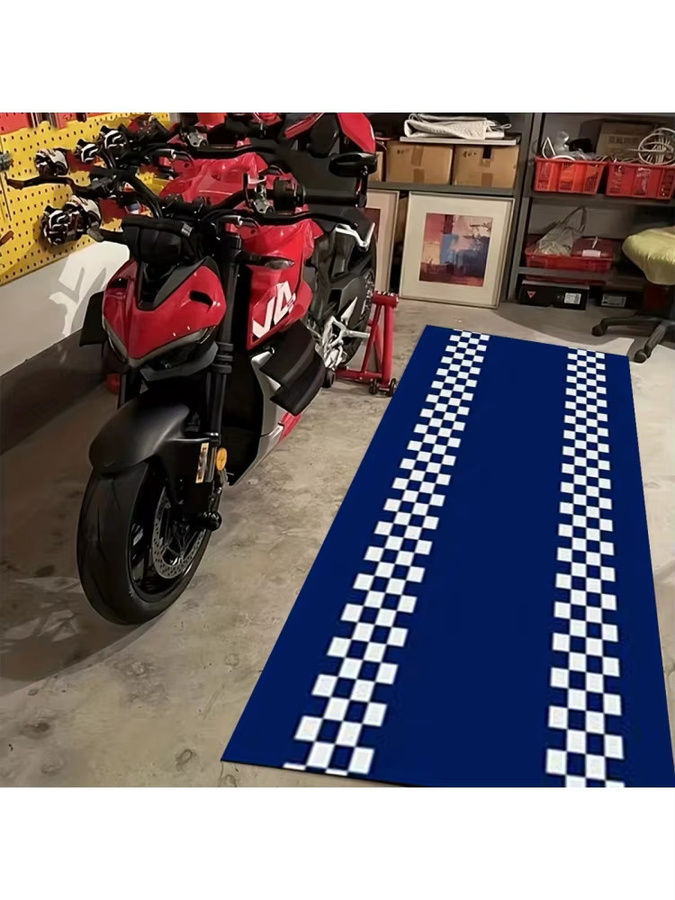 VIKAMA Motorrad-Teppich mit Rennstreckenmuster in Blau, schmutzabweisende und rutschfeste Garagenmatte für Sportwagen und Autoreparaturen - Bild 5