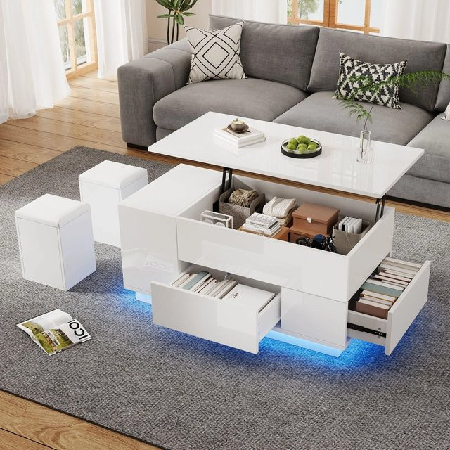 Merax Couchtisch höhenverstellbar in Weiß mit LED-Beleuchtung, 2 Schubladen und 2 Hockern - Bild 1
