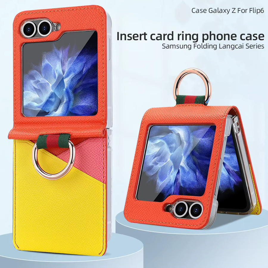 VIETAO PU-Leder Handyhülle mit Fingerring und RFID-Kartensteckplatz für Samsung Galaxy Z Flip 6, 5, 4, 3 in Farbkollision Rot/Mehrfarbig - Bild 4