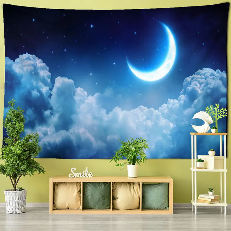 Super Six Wandbehang Psychédélique Nuit de la Lune mit Mond und Engel in Blau, Bohemian Wanddekoration Landschaft, B: 95 cm, H: 70 cm - Bild 2