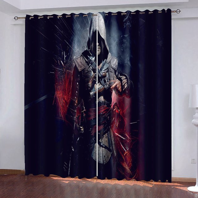 Yiran Furniture Vorhänge Hacker Soldat in Rot und Multicolour, semi-transparent mit Ösen, B: 50 cm, H: 130 cm, 2er-Set - Bild 1