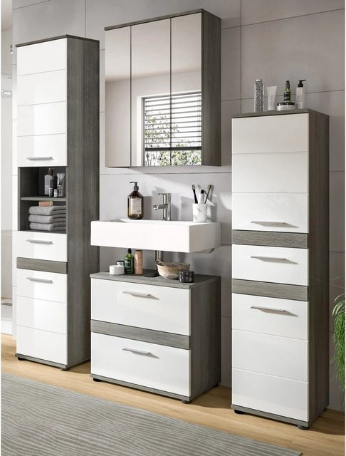 Inn.Furn Badmöbel-Set Bailey in Weiß Hochglanz und Grau, 4-teilig mit Spiegelschrank, Hochschrank, Midischrank und Waschbeckenunterschrank, Breite: 160 cm - Bild 1