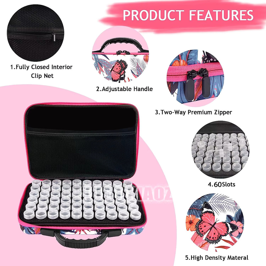 QIZITENG Diamantmalerei Aufbewahrungsbox mit 60 Fächern und Schmetterlings-Design in Pink und Multicolour - Bild 3