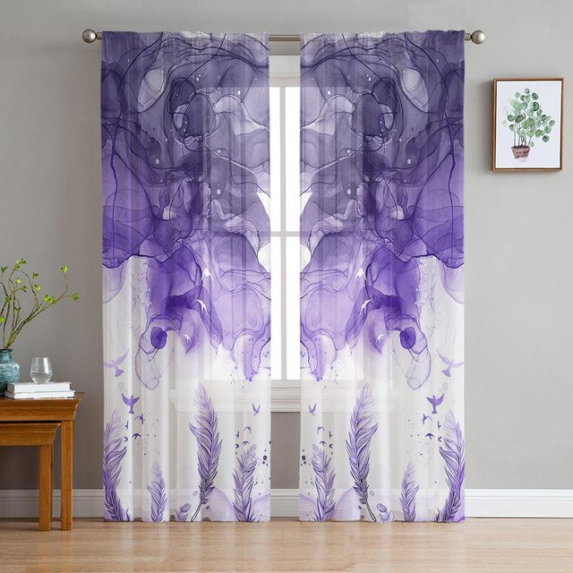Transparente Aquarell Vorhänge mit Feder-Motiv aus Organza und Tüll in Lila und Blau, Breite: 135 cm, Höhe: 115 cm - Bild 1