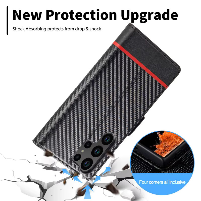 EUCAGR Carbon Fiber Flip Magnet Handyhülle aus PU Leder für Samsung Galaxy S26 Ultra S25 S24 S23 S22 S21 S20 S10 S9 S8 Plus in Schwarz - Bild 3
