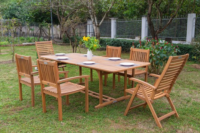 OUTFLEXX Garten-Essgruppe aus Akazie in Natur, bestehend aus einem ausziehbaren Tisch und 6 Stühlen, B/T/H: 180/240 x 100 x 76 cm - Bild 1