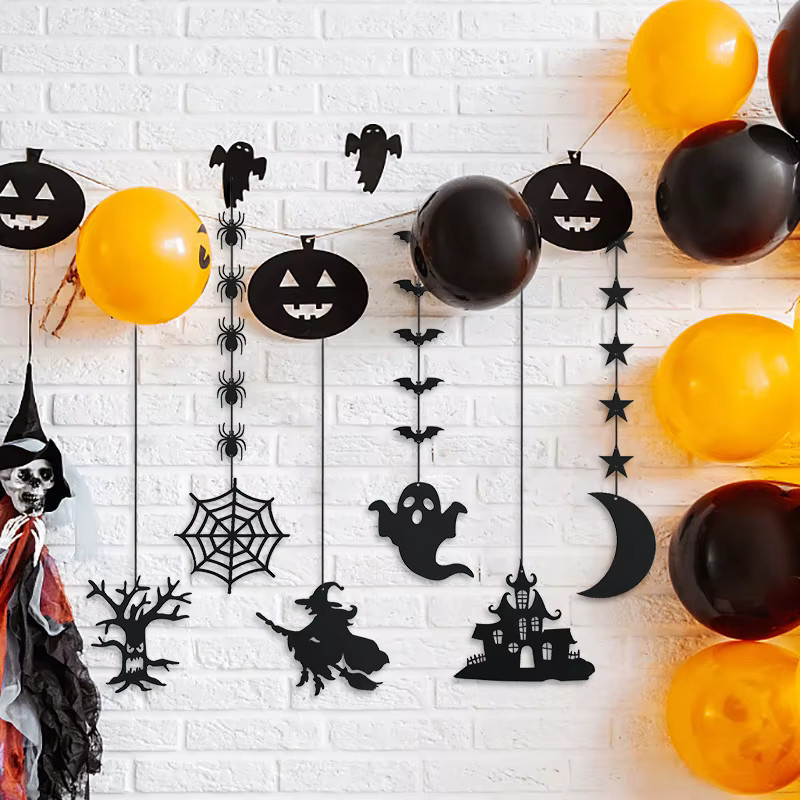 CYZIWEIN Halloween Dekoration Girlande mit Spinnen, Geistern und Fledermäusen in Schwarz - Bild 5