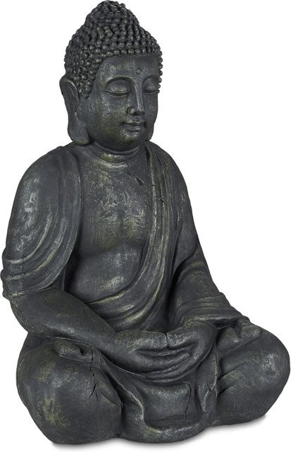 Relaxdays Buddha Figur aus Polyresin in Anthrazit mit Vintage-Look, Höhe: 70 cm, Breite: 45 cm, Tiefe: 35 cm - Bild 1
