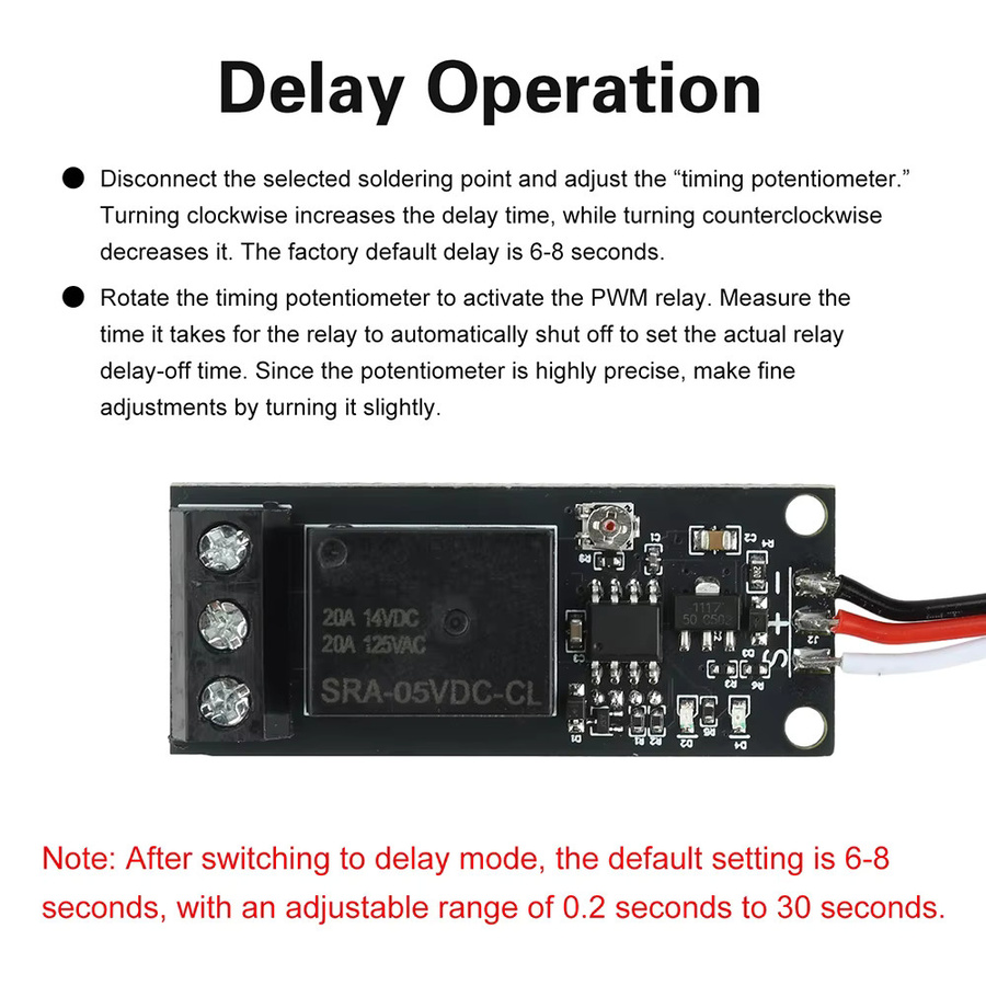 PWM Elektronisches Schaltrelais für RC-Modelle in Schwarz, 5–18 V, mit einstellbarem Verzögerungstimer und Motorcontroller-Schalter - Bild 4