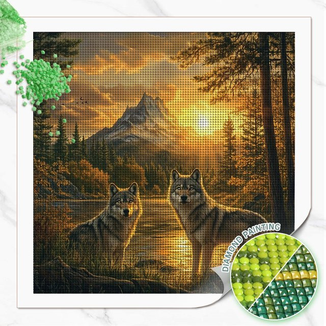 Huacan Diamant-Malerei Wolf bei Sonnenuntergang als Tier-Landschaftskunst in Mehrfarbig, B/H: 20 x 20 cm - Bild 1