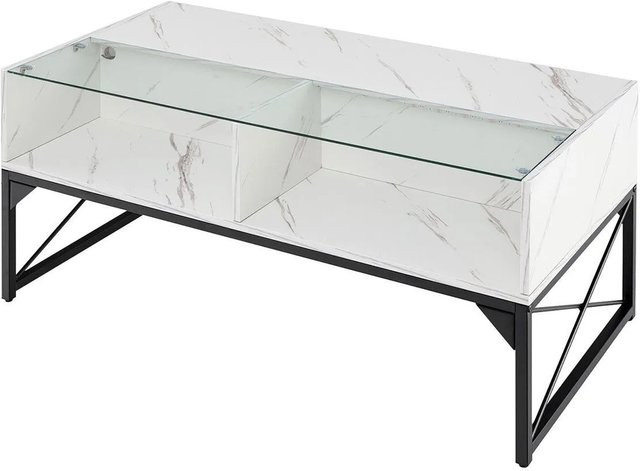 Costway LED Couchtisch in Weiß mit Marmor-Optik und Glasplatte, B/T/H: 80 x 55 x 50 cm - Bild 1