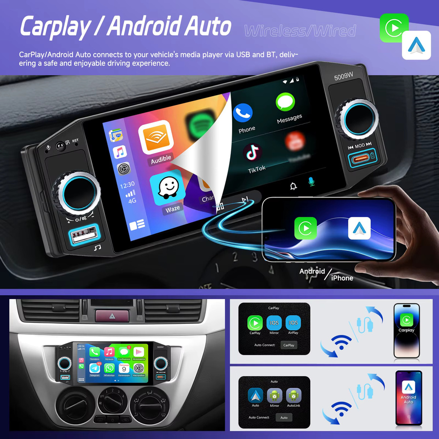 Podofo 5-Zoll Universal-Autoradio in Schwarz mit IPS-Bildschirm, FM/AM/RDS, kabellosem CarPlay und Android Auto sowie Lenkradfernbedienung und MP5-Player - Bild 2