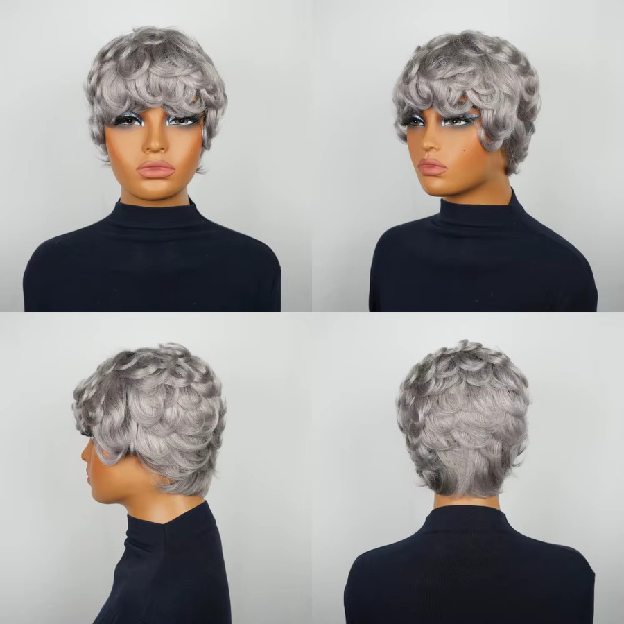 OYM HAIR Pixie-Schnitt-Perücke, 100 % Echthaar, grau, Damen - Bild 4