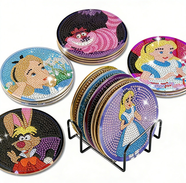 Potdemiel DIY Diamant-Malerei Untersetzer Set mit Halter, 8-teiliges Alice im Wunderland Cartoon-Prinzessinnen Set, Mehrfarbig - Bild 1