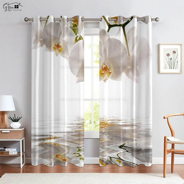 Blumen Vorhänge mit 3D-Druck im chinesischen Design, Set aus 2 Stück mit Rosen, Gänseblümchen, Lilien und Magnolien, Farbe: Weiß, B: 50 cm, H: 130 cm - Bild 1