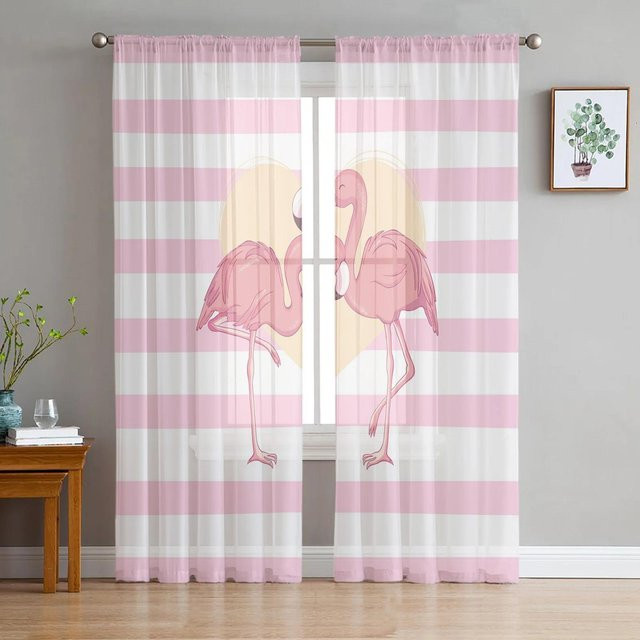 Yiran Furniture Transparenter Tüllvorhang mit Flamingo, Schildkröte und tropischen Pflanzen, Farbe Pink/Transparent, B: 135 cm, H: 115 cm - Bild 1