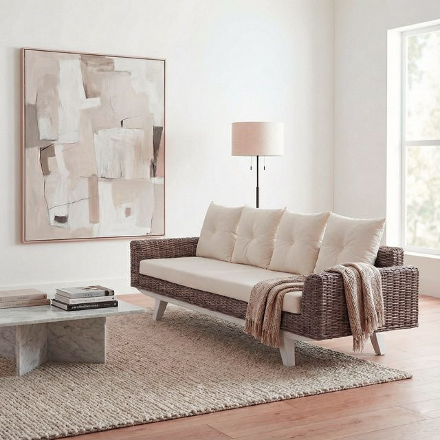 MCW 4-Sitzer Loungesofa aus Kubu Rattan mit Kissen, Farbe Natur und Creme, Breite: 209 cm - Bild 1