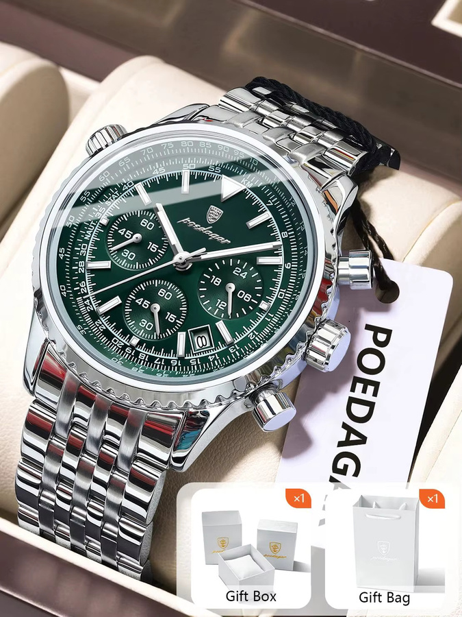 POEDAGAR Chronograph Herrenuhr, Edelstahl, Quarz, Grün, Silber - Bild 7