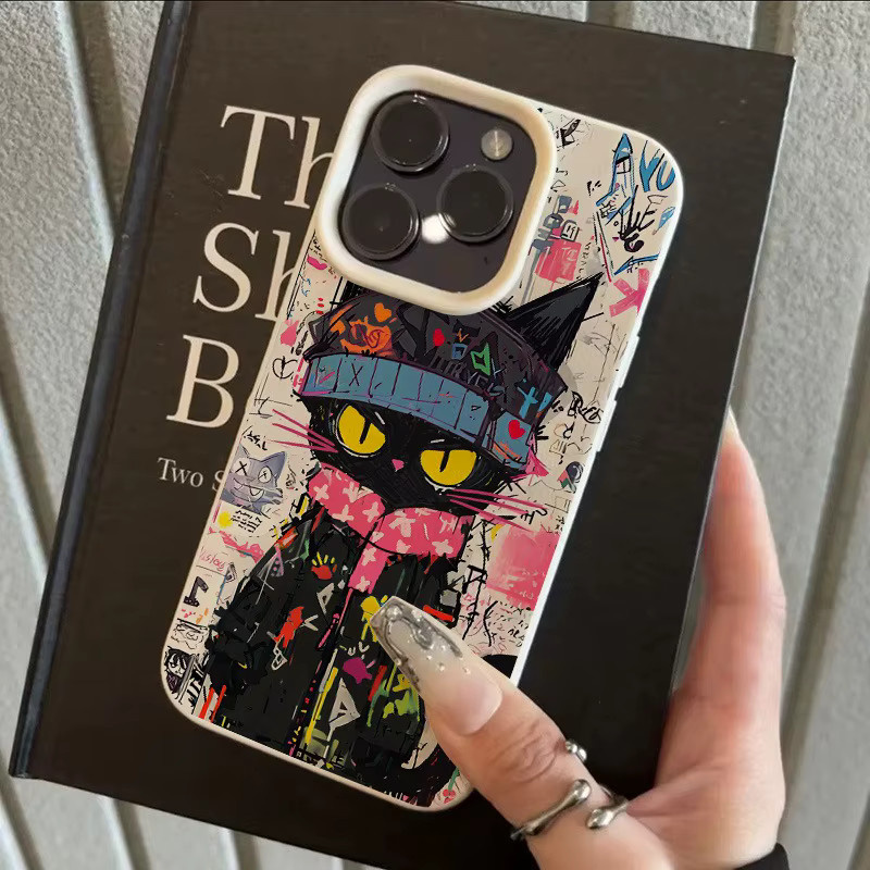 Handyhülle mit Graffiti-Katze-Lychee-Muster für Apple iPhone 17 16 15 Pro Max Plus Serien in Beige und Multicolour - Bild 3