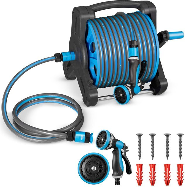 Juskys Schlauchtrommel Basic mobile mit 30 m Wasserschlauch und Multifunktionsbrause in Blau Grau - Bild 1