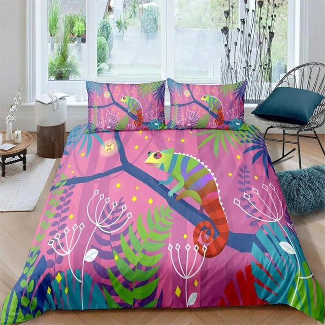 Lodestar Bettwäsche Set mit Echsen und tropischem Floral-Design, Lila/Mehrfarbig, 3-teilig, B/H: 260 x 240 cm - Bild 1