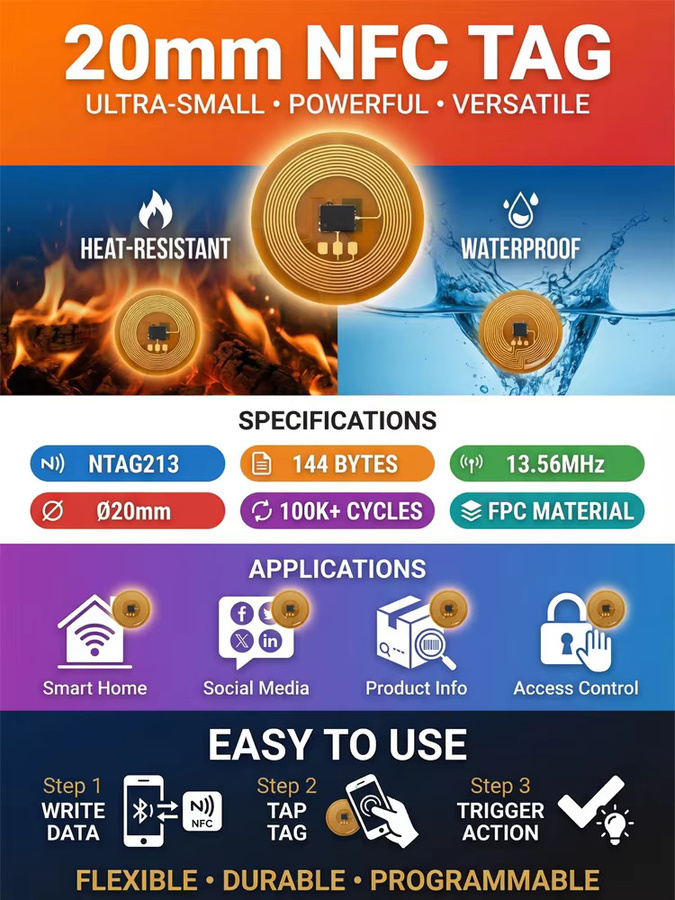 HENNCER Mini-NFC-Tag-Aufkleber Ntag213 in Gold, 13,56 MHz, 144 Bytes, Anti-Metall, programmierbarer RFID-Chip für Zugangskontrollsysteme, Durchmesser: 20 mm - Bild 3