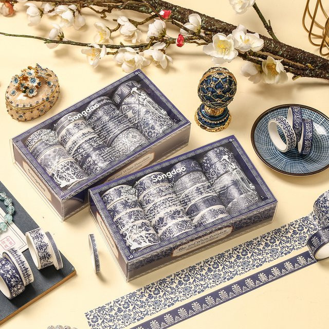 Washi-Tape-Set mit verschiedenen Blumenmustern in Blau und Weiß für deine DIY-Tagebuch- und Fotoalbum-Dekoration - Bild 1