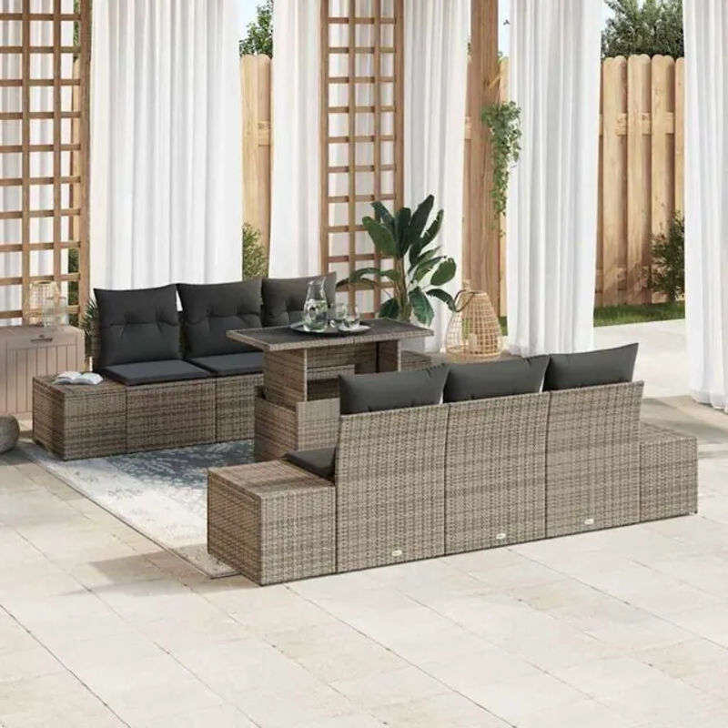 Vidaxl Garten-Sofa-Set aus Polyrattan mit Kissen in Grau, 7-teiliges Loungemöbel-Set, B/T/H: 100 x 55 x 73 cm - Bild 1