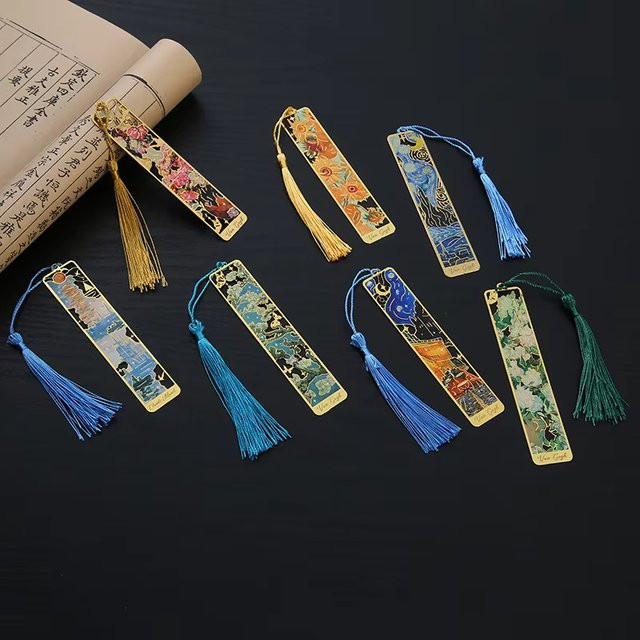 Vintage-Lesezeichen aus Metall mit Blumenmuster und Goldfolienprägung in Gold, Blau und Multicolour mit Quaste im Ölgemälde-Stil - Bild 1
