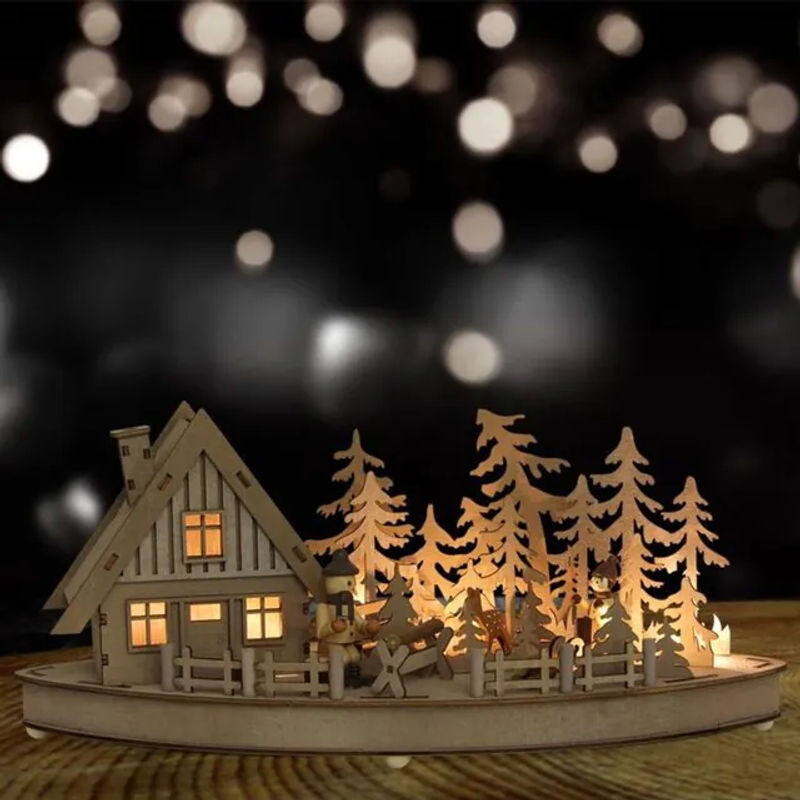 BURI LED Weihnachtsdeko Holzhaus mit Tannen, Reh und Figuren in Braun und Beige - Bild 1