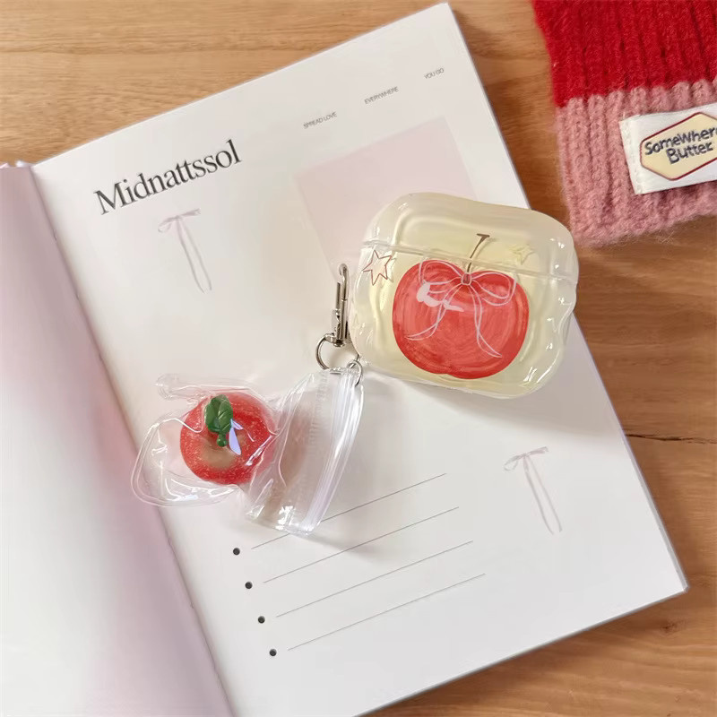Silikon Schutzhülle mit Apple Muster und Anhänger für AirPods 4 3 2 Pro in Rot - Bild 5