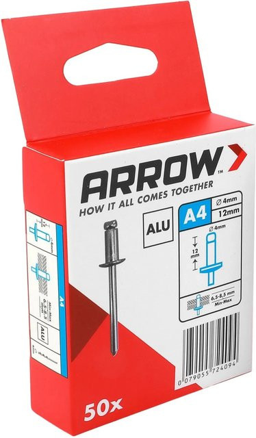 Arrow Blindniete aus Aluminium in Silber/Grau, Durchmesser: 4 mm, Länge: 12 mm, 50 Stück - Bild 1