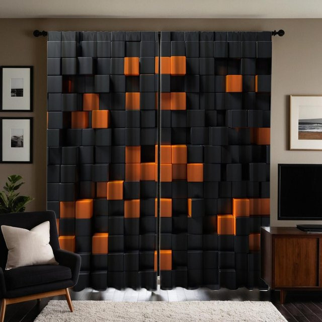 2-teiliges Mosaik Vorhang Set mit Digitaldruck in Schwarz, halbtransparentes Design für Wohnzimmer und Schlafzimmer, B: 132 cm, H: 160 cm - Bild 1
