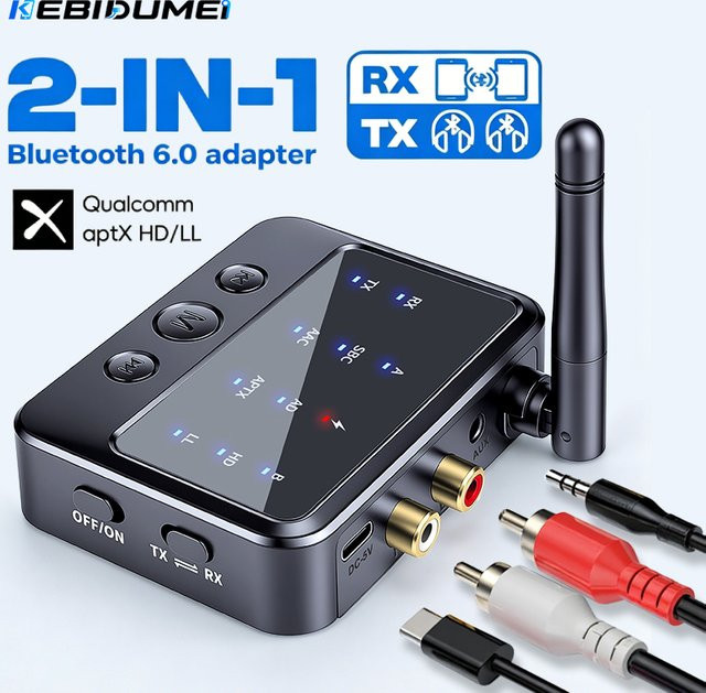 KEBIDUMEI Bluetooth 6.0 Audio-Adapter Schwarz mit 3,5 mm Klinke und RCA für PC und TV als Empfänger und Sender mit AptX-Adaptive, AD/HD/LL und AAC - Bild 1