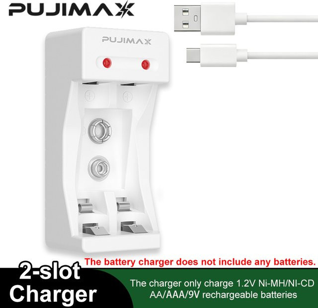 PUJIAMX Schnellladegerät für AA, AAA, C und D NI-MH Akkus mit LCD-Display und USB Typ-C Kabel, Weiß - Bild 1