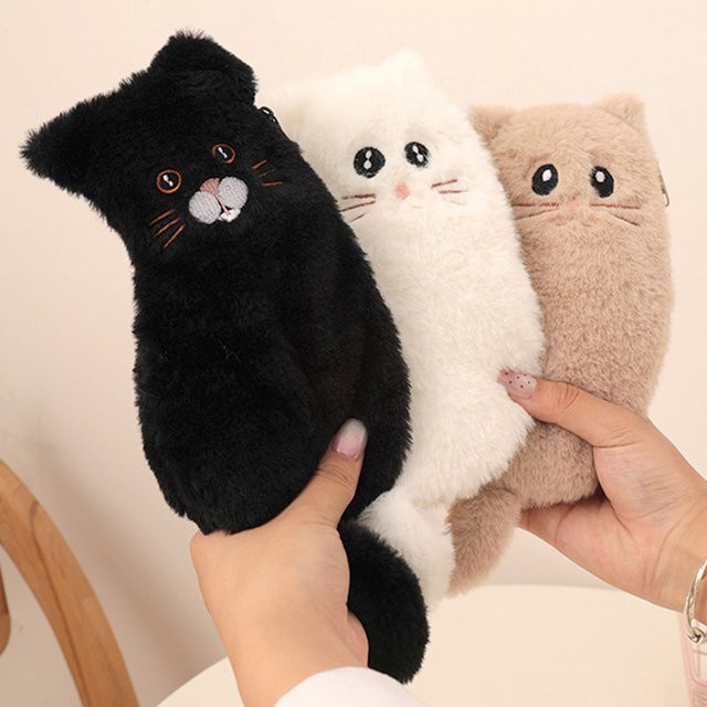 Plüsch-Federmäppchen in Katzen-Design, weißes Stiftetui aus Textil mit Reißverschluss für den Schulbedarf - Bild 1