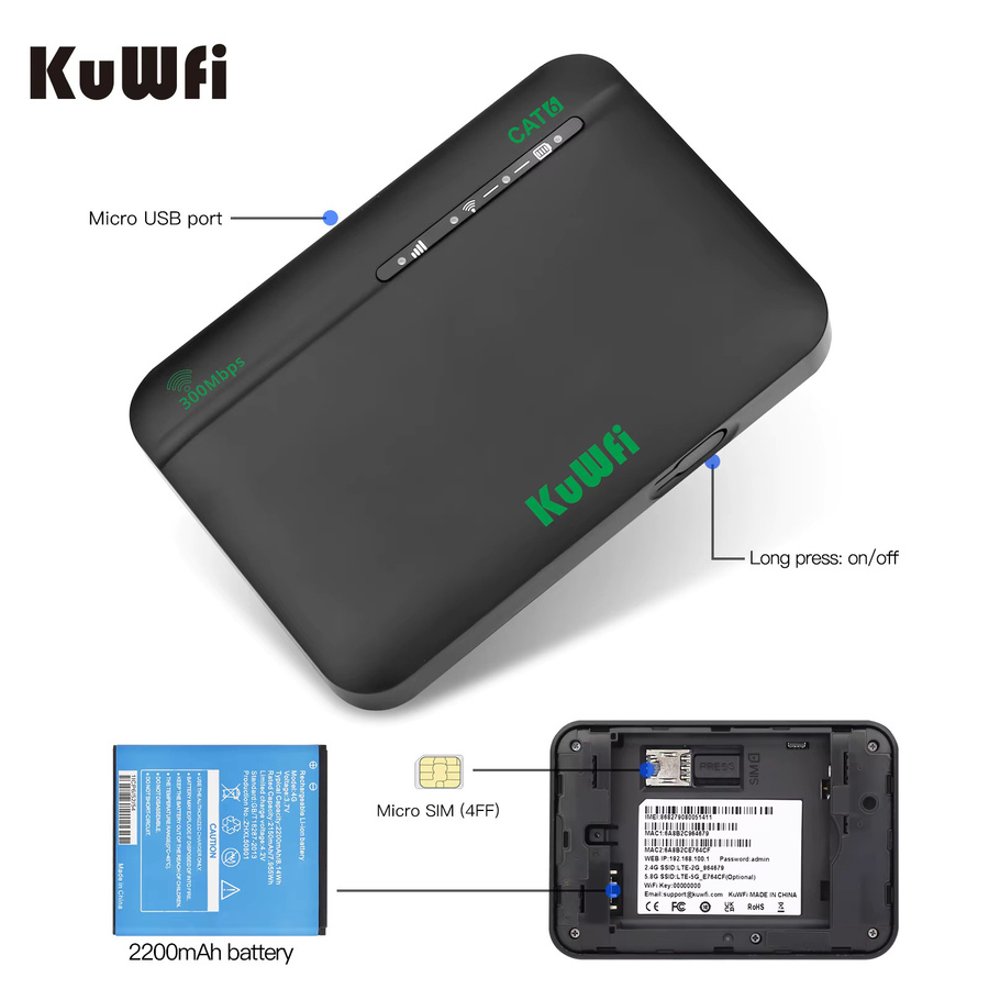 KuWFi CAT6 4G+ Mobiler Router mit 2,4G und 5G Dualband WiFi, Tragbares Reise-Modem mit 2200mAh Akku und Micro SIM-Steckplatz, Schwarz - Bild 6