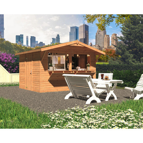 Palmako Stella Verkaufsstand aus Holz in Braun mit Satteldach und Vordach B/H/T: 361 x 239 x 259 cm - Bild 3