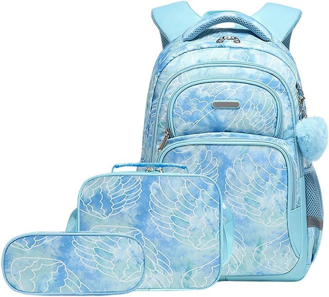 Schulranzen-Set für Kinder mit Brotdose und Federmäppchen in Blau und Bronze, leichter bedruckter Rucksack für Jungen und Mädchen, Schulanfangsbedarf One Size - Bild 1