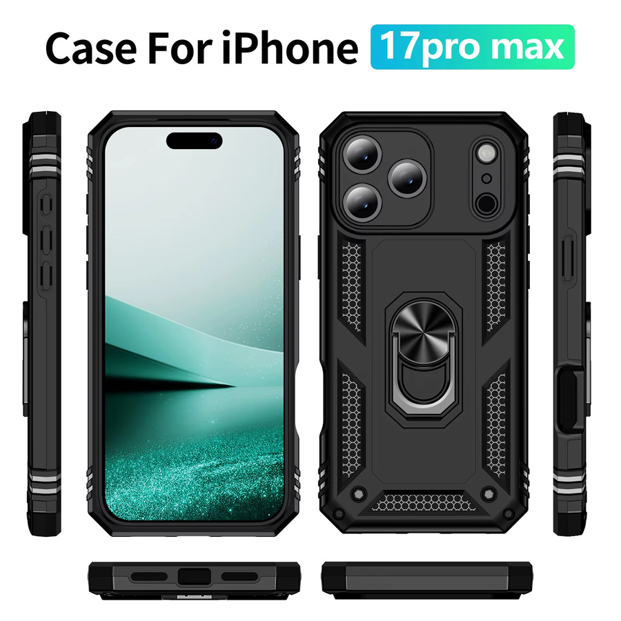 Stoßfeste faltbare Rüstungshülle mit Ständerhalter und Ringabdeckung für iPhone 17 Pro Max, iPhone 17 Pro und iPhone 17 Air in Schwarz von CYYWN - Bild 5