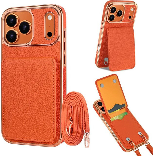HQBBRO Crossbody Tasche mit Litschi-Muster und Kartenhalter als Handyhülle mit Lanyard für iPhone, Farbe: Orange - Bild 1