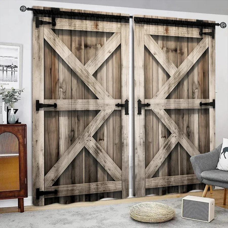 Yiran Furniture Vorhang Set mit 2 Paneelen im rustikalen Holztür-Design, halbtransparent, Polyester, B/H: 50 x 100 cm - Bild 1