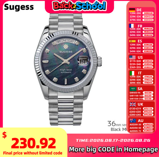 Sugess Armbanduhr Automatik, Edelstahl, 36 mm, Herren, Blau - Bild 1