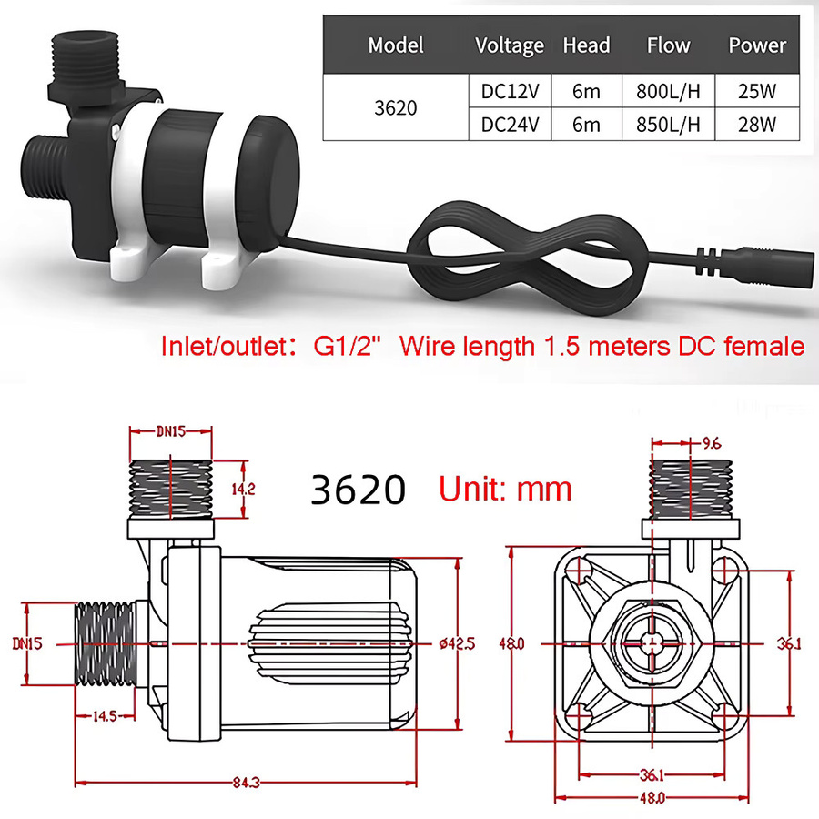 xmshxltd Wasserpumpe mit leisem bürstenlosem Motor für Warmwasserbereiter und Dusch-Booster, DC12/24V, IPX8 Schutz, maximale Förderhöhe 6 m - Bild 4