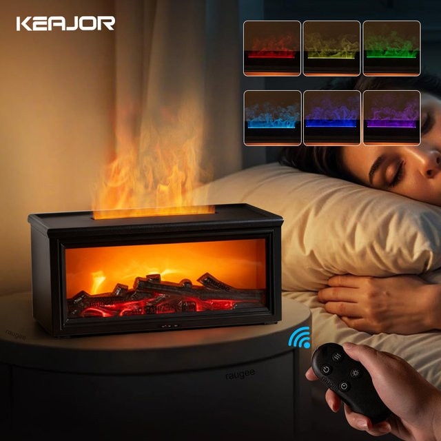 raugee Aroma Luftbefeuchter mit Flammen-Effekt, Ultraschall Diffusor für ätherische Öle, Schwarz, mit Fernbedienung und Duftfach - Bild 1