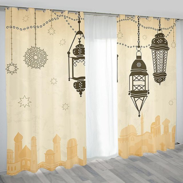Yiran Furniture 2er-Set Ramadan Fenster Vorhänge im Boho-Stil mit 3D-Motiv, halbtransparent, Farbe: Lichtgrau, B x H: 100 x 130 cm - Bild 1