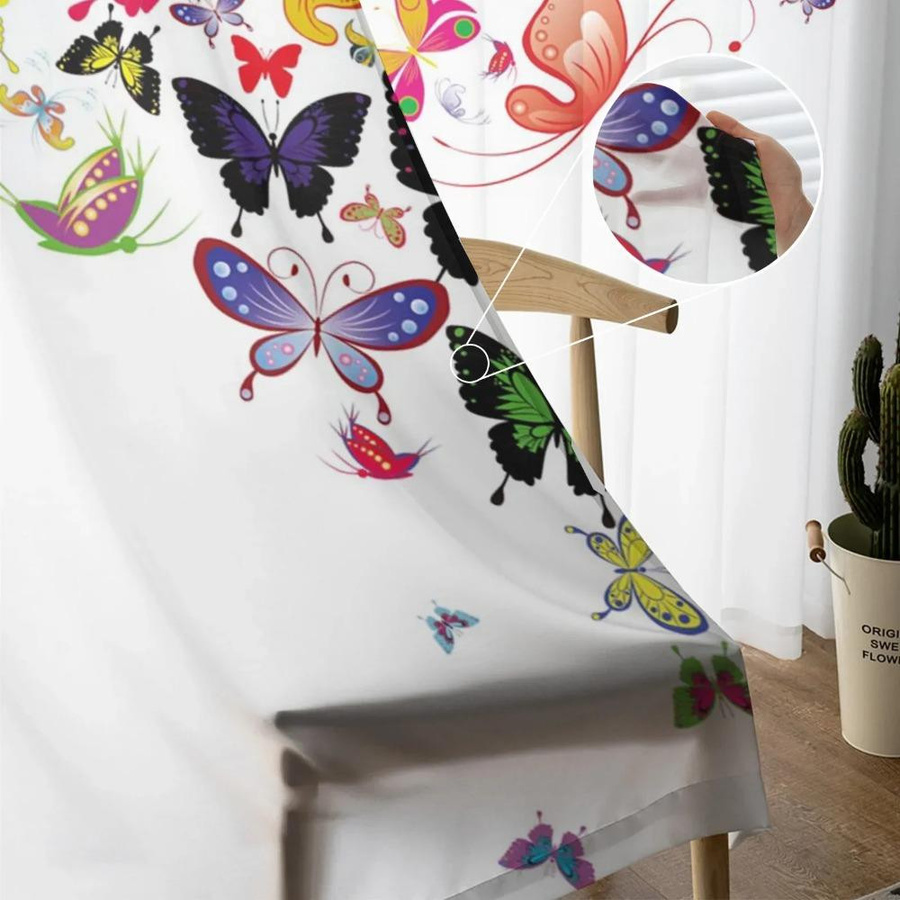 Yiran Furniture Chiffon-Vorhang mit Schmetterlings-Design in Weiß, transparent, B: 135 cm, H: 245 cm - Bild 2