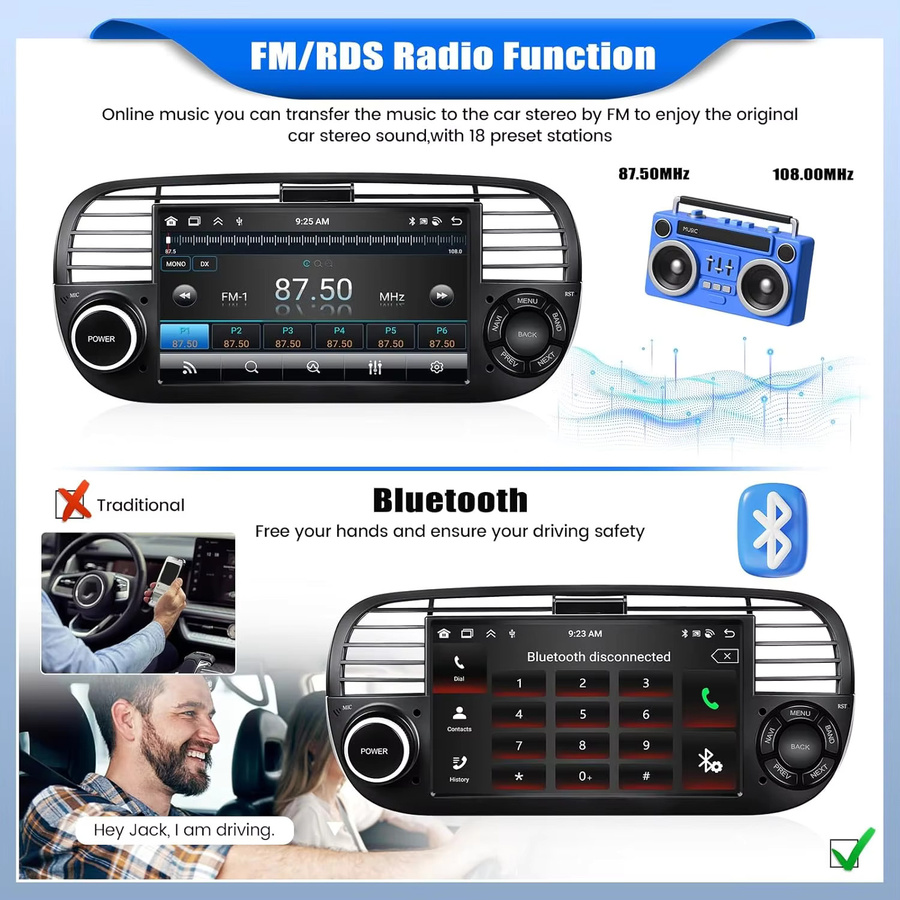 XFY 7-Zoll Autoradio für FIAT 500 (2007 - 2015) mit GPS-Navigation, Android Auto, Apple CarPlay, 5G Wifi, Bluetooth und 360 Kamera in Schwarz - Bild 2