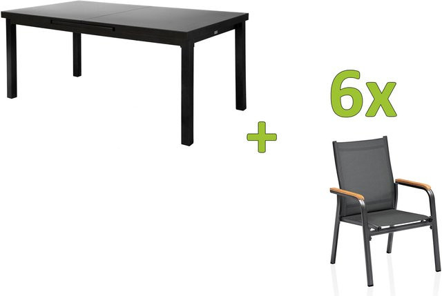 Kettler Premium/Granada Garten-Essgruppe aus Aluminium und Glas in Anthrazit/Grau mit Ausziehtisch und 6 Stapelsesseln, Tisch B: 180 cm bis 240 cm, B: 100 cm, H: 75 cm - Bild 1