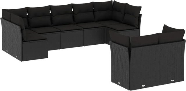 vidaXL 9-tlg. Garten-Sofagarnitur in U-Form aus Poly-Rattan in Schwarz mit Sitzkissen und Rückenkissen - Bild 1
